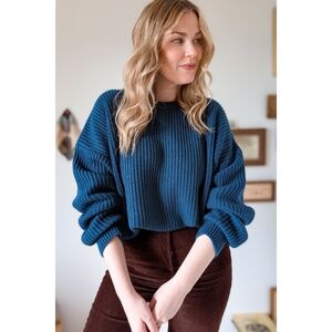 Vintage Ribbed Crew Neck 90s Teal Ribbed Relaxed Fit Long Sleeve Sweater